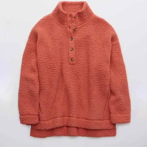 Aerie Coral Quarter Button Down Sherpa Size Medium - Picture 1 of 4